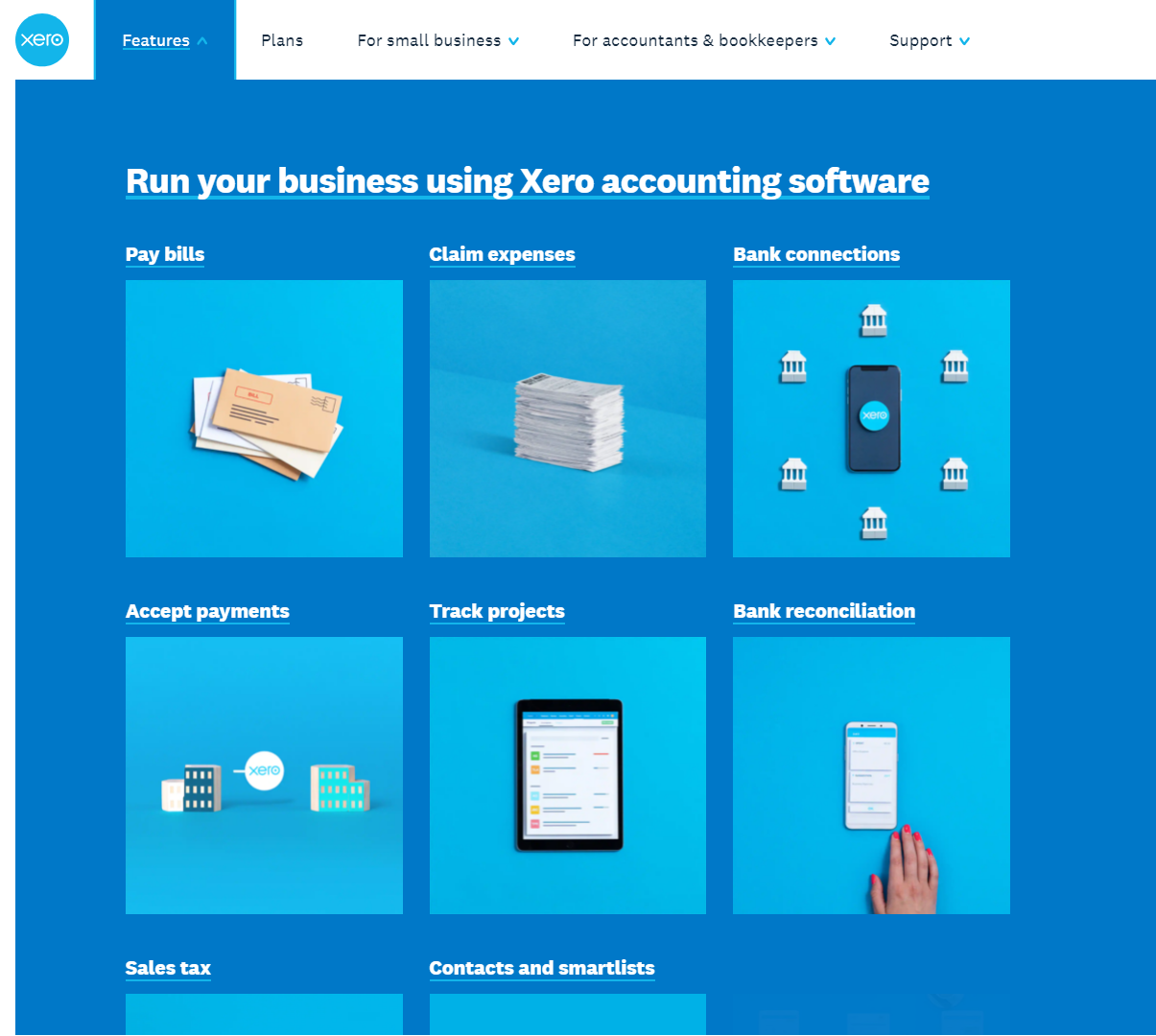 Scrreen shot of Xero Accounting web page displaying the 8 main features of the software.