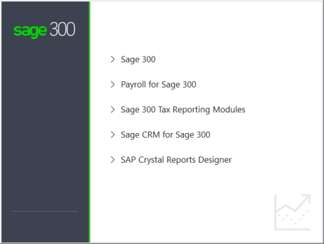 Sage 300 installtion creen listing Sage 300, Payroll for Sage 300, Tax Reporting modules, Sage CRM and SAP Crystal Reports Designer