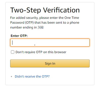 Two-Step Verification screen requesting the user enter the code which has been sent to their preferred telephone or email.
