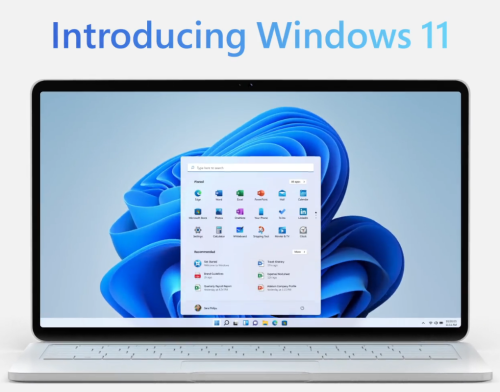 photo of a notebook computer displaying the Windows 11 desktop, taskbar and start menu